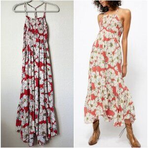 Free People Boho Floral Print Smocked Heat Wave Ruffle Hem Midi Dress